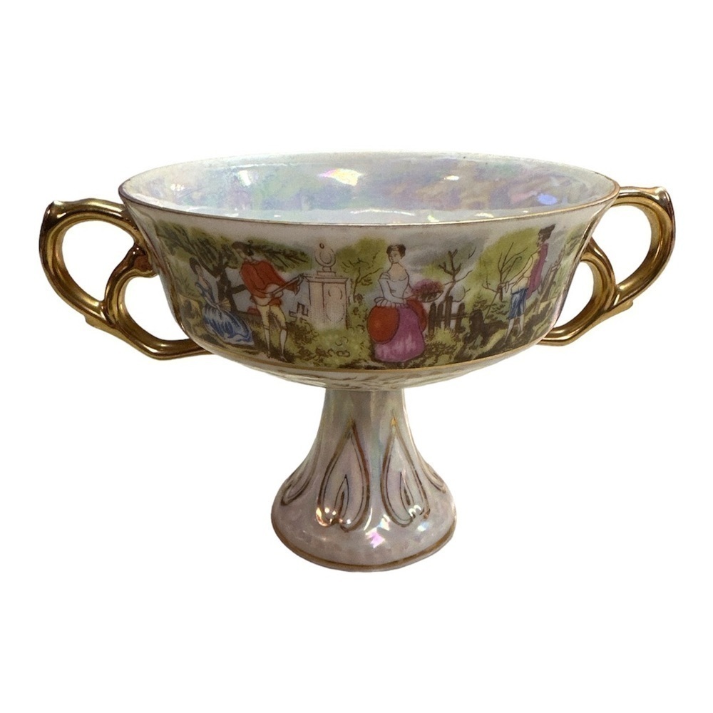 Vintage Victorian Lusterware Double Handle Pedestal Cup Compote Porcelain Japan